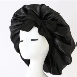 Elegant Black Satin Bonnet with Bow By Velanico